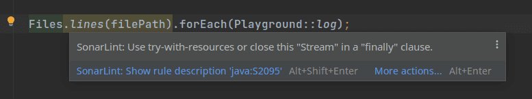 A screenshot of the SonarLint warning in the IntelliJ IDEA 2020.3