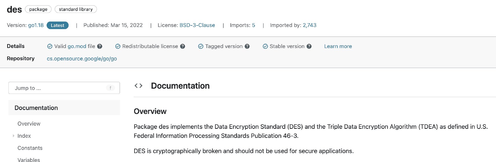 A screenshot of the Go crypto package documentation
