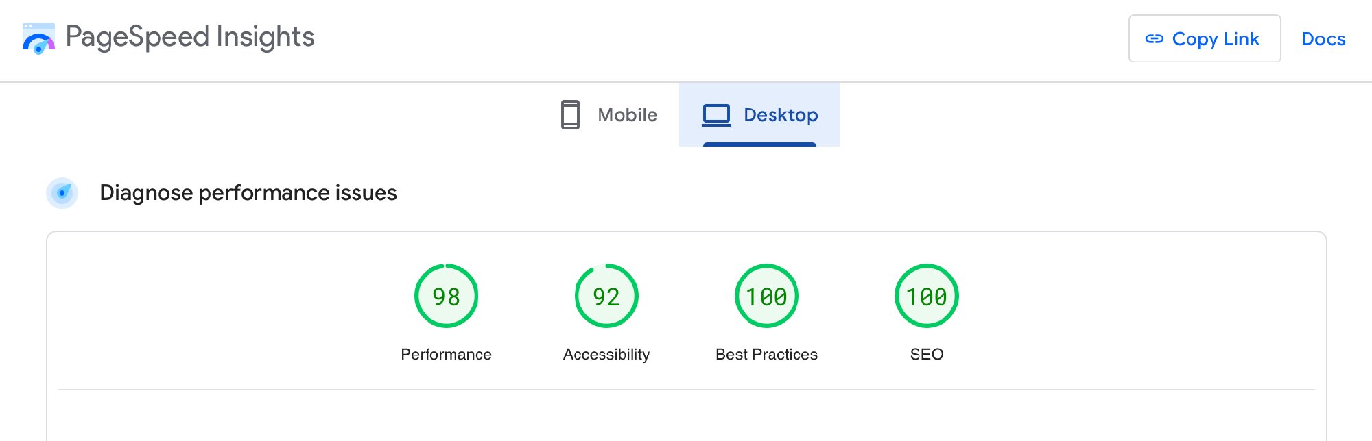 The screenshot of PageSpeed Insights